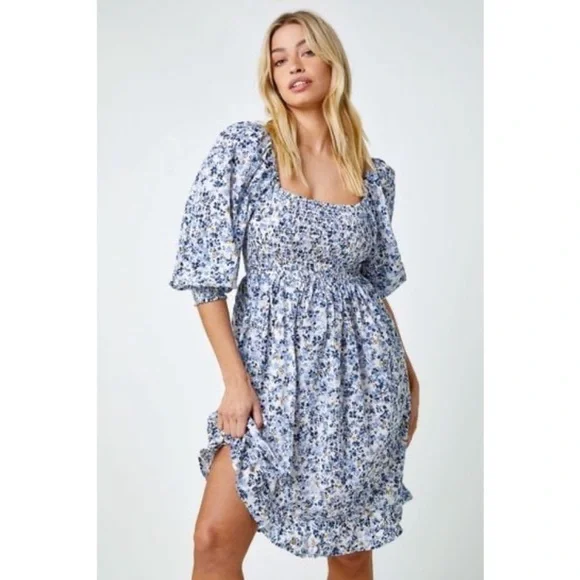 Revolve Super Natural by Secret Mission Blue Floral Chiffon Ruffle Peasant Dress - Picture 2 of 11